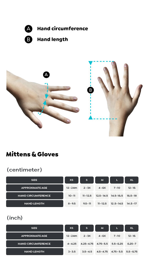 Size Guide Kids Mitts and Gloves